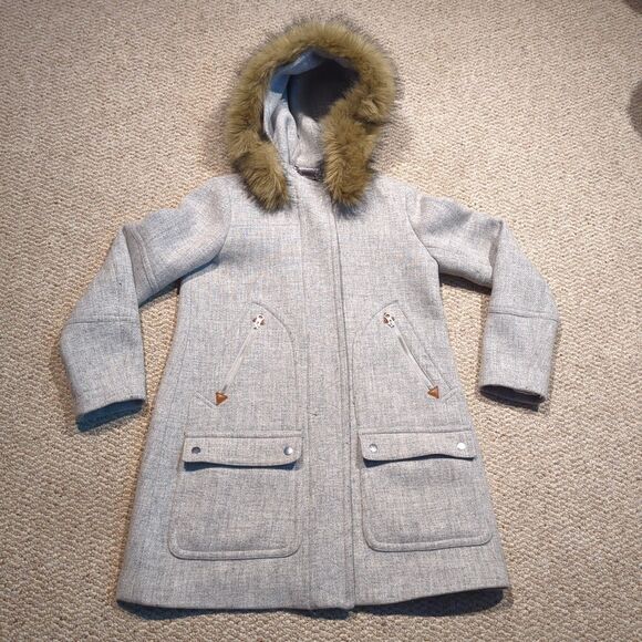 J.Crew Chateau Parka Coat Womens 2 Stadium Cloth Gray Wool Nello Gori Fur Trim - Picture 1 of 8